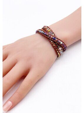 Handcrafted Imperial Heart Jasper & Crystal Leather Wrap Protection Bracelet